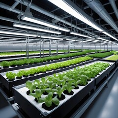 Indoor Vertical Farm Growing Leafy Greens Under LED Lights