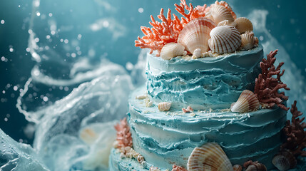 A two tiered ocean themed cake with edible shells coral details and shimmering blue waves