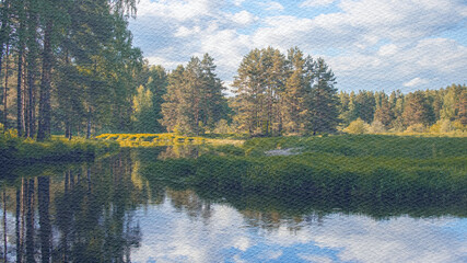 Painting of a forest with a lake in the background
