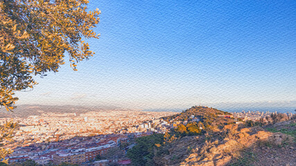 City view with a tree in the foreground