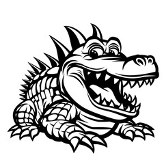 black and white cartoon crocodile with spiky back and big grin, bold outlines and simple design, perfect for coloring books, isolated on white
