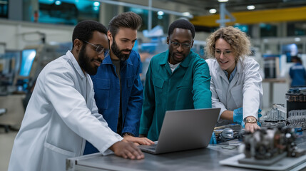 Fototapeta premium A diverse team of engineers collaborating on a manufacturing project