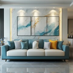 Elegant living room showcases a modern sofa and abstract art