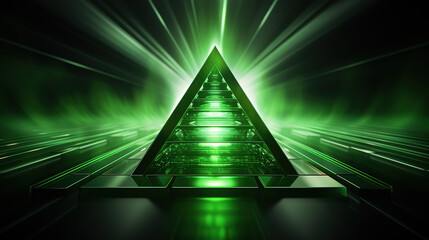 Abstract Laser Rays and Glowing Lines in Green Neon Background with Triangle
