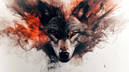 Naklejka premium Powerful wolf portrait, engulfed in vibrant smoke and fire.
