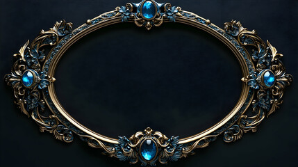 An ornate, oval-shaped frame with intricate gold carvings and embellishments, featuring detailed blue gems.