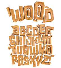 Wooden alphabet font set, 3d illustration, isolated on white background. modern abstract font and alphabet.