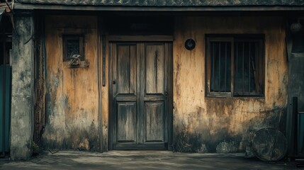 A weathered wooden door and windows on a rustic building facade