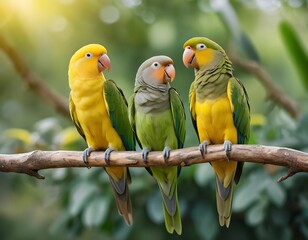 Obraz premium Three Colorful Parrots on a Branch