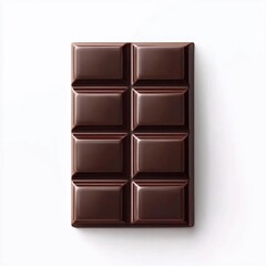 A rich dark chocolate bar with smooth, glossy surface and distinct square sections, isolated white background