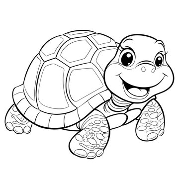 black and white cartoon turtle with rounded shell and smiling face, bold outlines perfect for kids coloring books, isolated on white