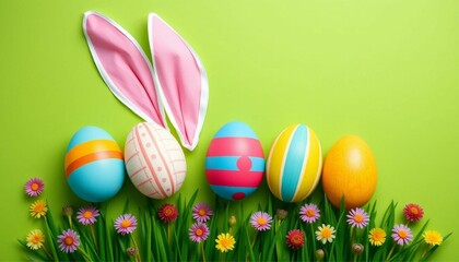 Colorful vertical painted Easter eggs and playful bunny ears on a vibrant green background creating a festive spring composition