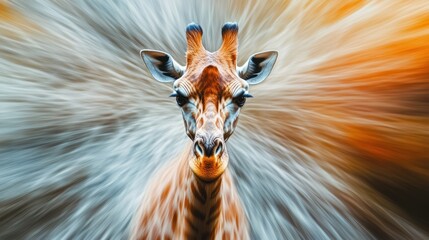 Focused giraffe portrait against a dynamic backdrop of motion blur.