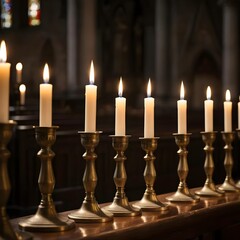 Lit Candles in Antique Candelabra in Church