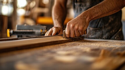 Carpenter cutting wood for a door frame. Featuring woodworking and precision