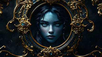 A mystical woman's portrait framed in ornate gold embellishments.