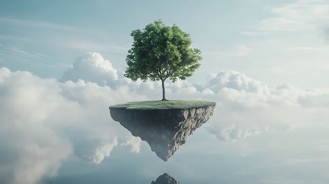 A surrealist floating island with a strong solitary tree suspended in the void