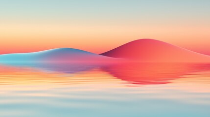 A serene digital landscape featuring two mountains and a calm body of water.