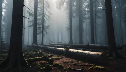 Obraz premium Mysterious Foggy Forest with Fallen Logs