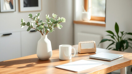 Modern workspace with eucalyptus in a white vase, mug and wooden calendar. Clean style and coziness create an atmosphere of calm. Ideal for productivity and design themes.