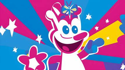 Naklejka premium A cheerful cartoon mascot with a butterfly headband, radiating joy and excitement.