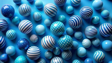 Fototapeta premium A vibrant collection of patterned spheres in shades of blue, featuring stripes and polka dots, arranged on a solid background.