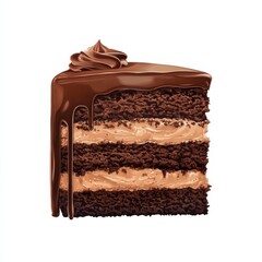 Obraz premium A rich slice of chocolate cake with layers of moist sponge and glossy ganache, isolated white background, hyperrealism art style