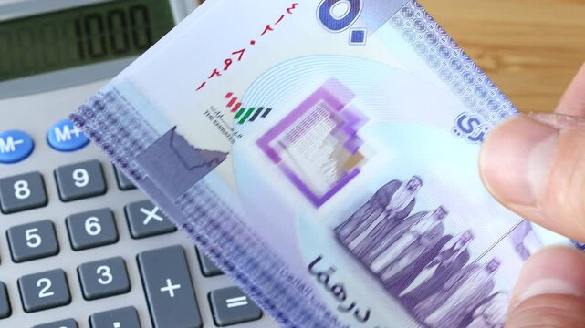 United Arab Emirates money. Conversion of Arab dirhams. Calculator, Economic Concept, Financial Business
