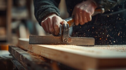 Carpenter cutting wood with a saw. Featuring skill and precision