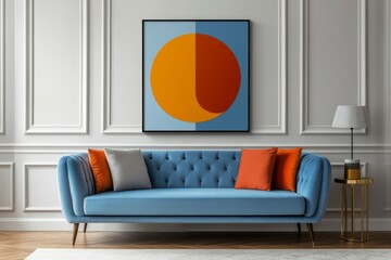 Modern living room featuring blue velvet sofa and abstract artwork