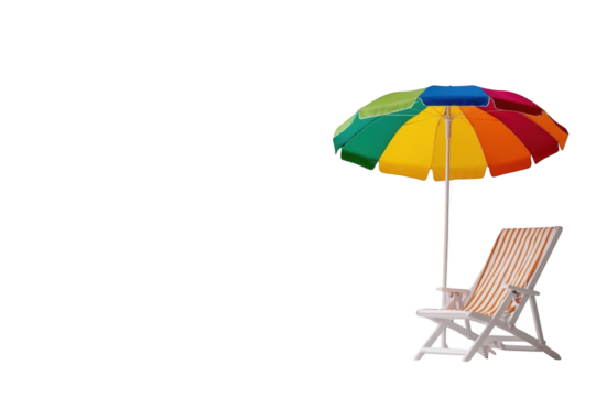 Multicolored beach umbrella and sun lounger standing nearby on transparent background