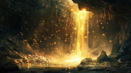 A luminous golden waterfall cascading into a mysterious underground cavern