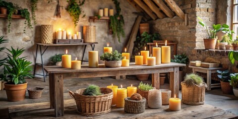 Fototapeta premium Rustic interior scene with numerous lit beeswax candles arranged on wooden furniture among potted plants and wicker baskets