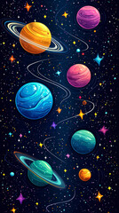 Colorful planets and stars in a whimsical space background