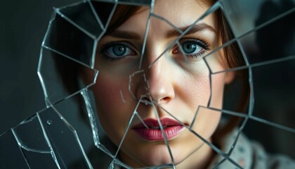 A woman's face reflected in broken glass symbolizes healing and resilience after domestic violence.