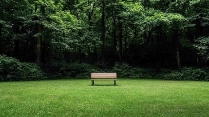 A wooden bench sits in a lush green park, surrounded by trees and bushes.