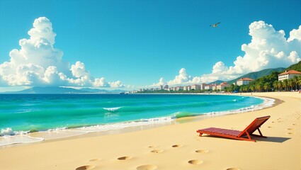 Obraz premium Vibrant City Beach in Brazil Recife with red chair on sand, crystal clear blue water, lush green trees, bright blue sky. Concept of Vibrant City Beach in Brazil Recife landscape.