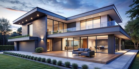 Fototapeta premium Modern Architectural Design Luxurious Residence with Expansive Outdoor Deck and Sophisticated Interior