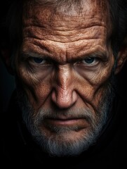 Fototapeta premium Close-up of an elderly man with wrinkles on his face, cinematic lighting, black background.