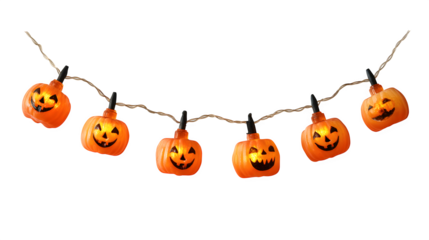 Pumpkin string lights with orange glow, carved face detail, realistic style, isolated on white