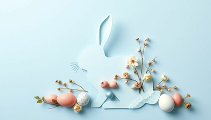 Modern artwork featuring a rabbit silhouette with Easter decorations on subtle blue. Elegant seasonal composition perfect for holiday themes, creative