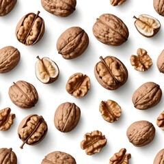 Pattern of Walnuts, Whole and Halved, on White Background