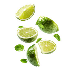 Lime fruit with half slices falling or floating png