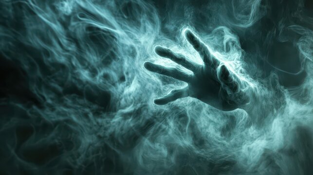 A spectral hand emerges from a swirling mist of ethereal smoke.