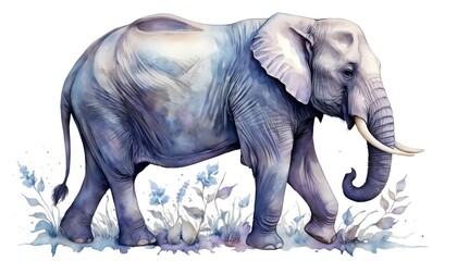 Fototapeta premium Majestic Watercolor Elephant with Blue Flowers
