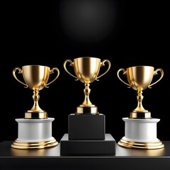 Three Golden Trophy Cups on a Podium