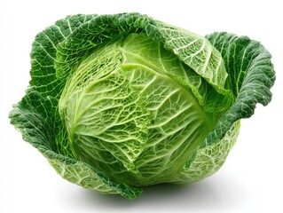 Fototapeta premium Fresh, vibrant green savoy cabbage, whole head, isolated on white background