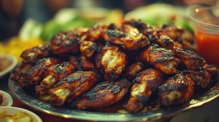 A large platter of grilled chicken wings ready to eat