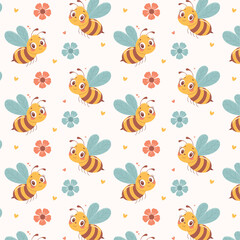 Seamless pattern with cute cartoon bees, flowers, and hearts on a light background. Perfect for kids' textiles, wallpapers, and wrapping paper.
