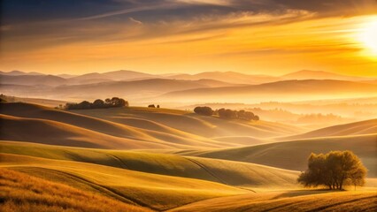 Obraz premium Golden Hour Serenity Rolling Hills bathed in the warm glow of sunrise, a tranquil landscape of gentle slopes and solitary trees, painting a picturesque scene of idyllic countryside charm.